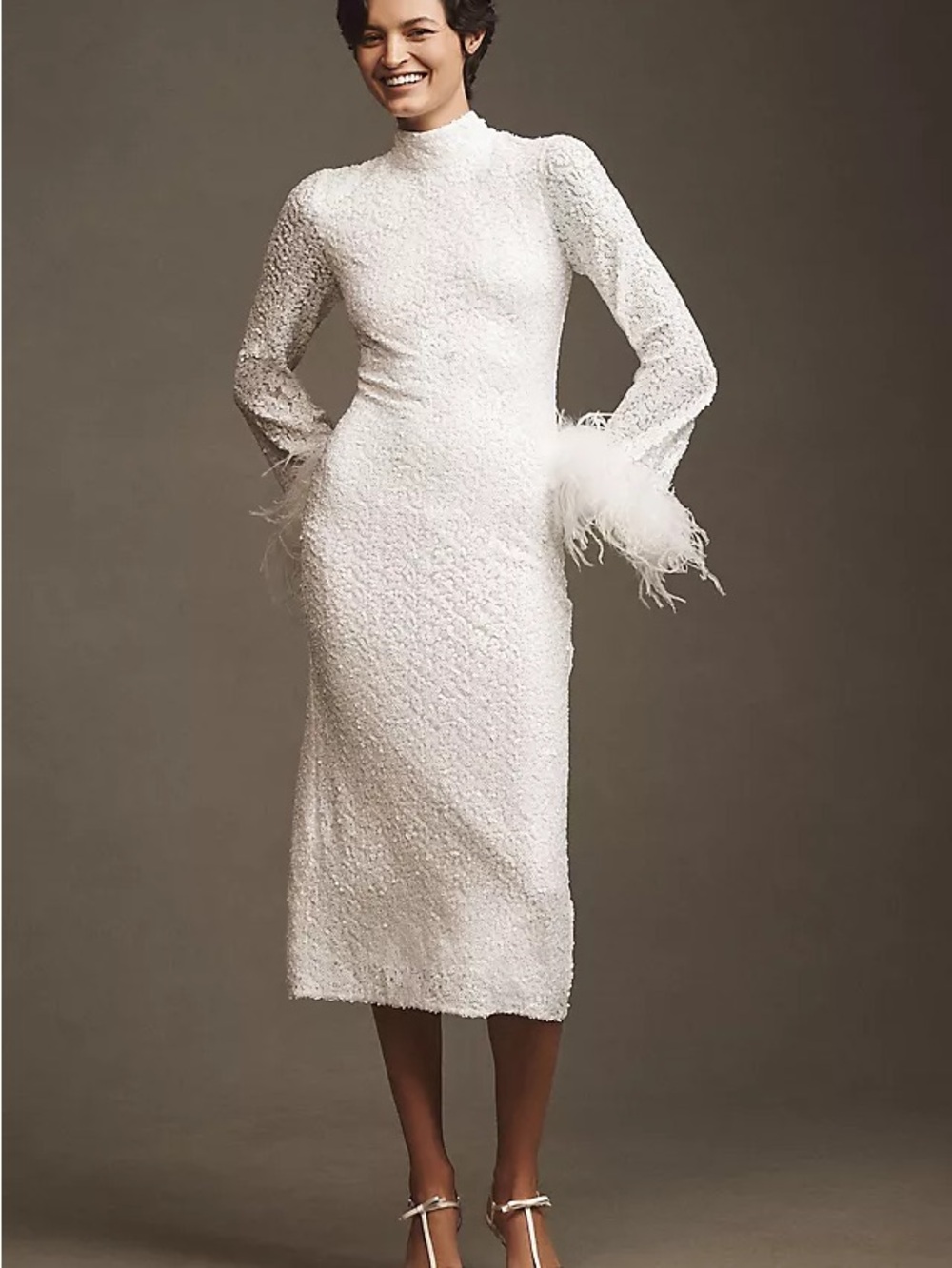 Anthropologie White Sequin Midi Dress with Feather Cuffs - Picture 3 of 5